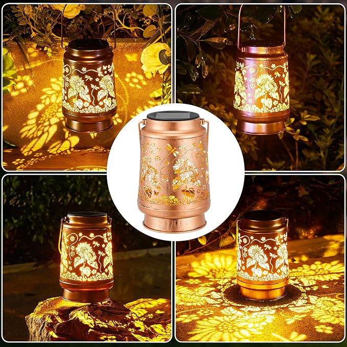 2 Pack Solar Lanterns Outdoor Waterproof, Hanging Metal Dragonfly and Sunflower Decorative Lights for Garden Patio Yard Porch Pathway, Solar Powered Outdoor Lantern Gifts for Women Mom Grandma