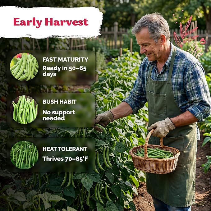 KVITER 60 Contender Bush Bean Seeds (Phaseolus Vulgaris) - Contender Beans, Stringless Green Bean, Early Days Harvest, Bush Beans Seed Packets - Heirloom Vegetable Seeds for Outdoor Garden, Containers