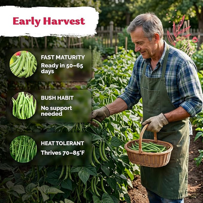 KVITER 60 Contender Bush Bean Seeds (Phaseolus Vulgaris) - Contender Beans, Stringless Green Bean, Early Days Harvest, Bush Beans Seed Packets - Heirloom Vegetable Seeds for Outdoor Garden, Containers