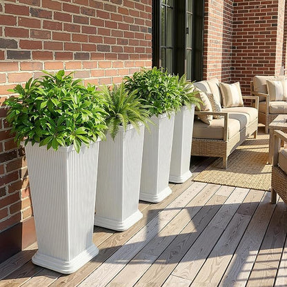 Tall Outdoor Planters Set of 2, 24" Tapered Outdoor Tall White Planter for Front Porch, Large Indoor Modern Planter Flower Pots with Tray, Drainage Holes (Ribbed)