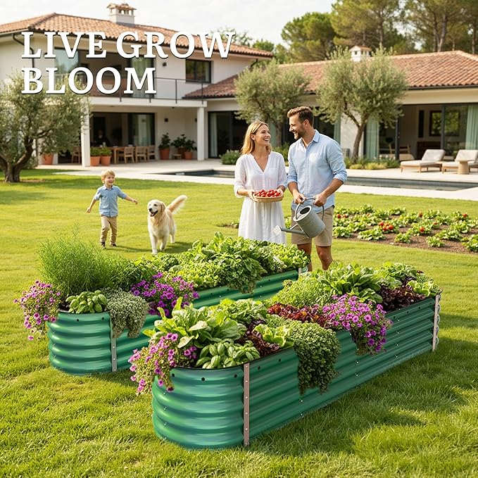 YITAHOME 8x2x1.5ft Large Raised Garden Bed Kit, 17" Tall 9 in 1 Galvanized Metal Planter Box with Gloves & Safety Rubber, Outdoor Above Ground Planters for Plants Vegetables Flowers, Green