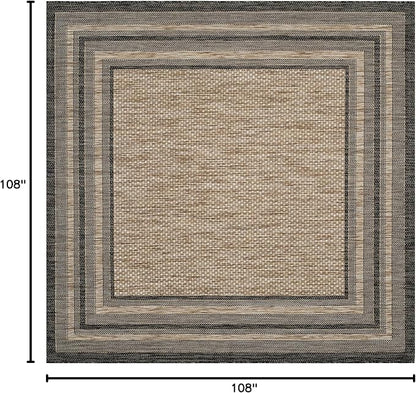 SAFAVIEH Washable Rug Outdoor Courtyard Collection - 9' Square, Natural & Black, Non-Shedding & Easy Cleaning, Ideal for Patio, Backyard, Mudroom (CY8475-37312)