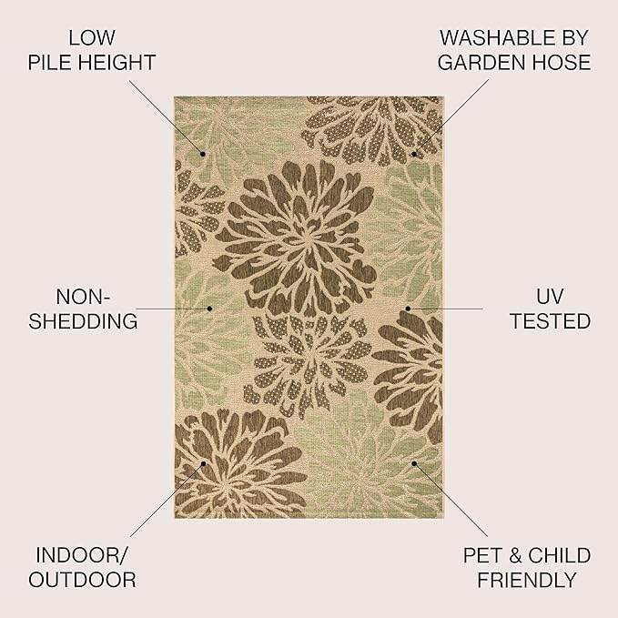 JONATHAN Y Floral Textured Weave Indoor Outdoor Area Rug 10X14 Sage/Brown, Zinnia Modern for Backyard, Patio, Porch, Easy-Cleaning, High Traffic, Pet-Friendly, Non-Shedding (SMB110A-14)
