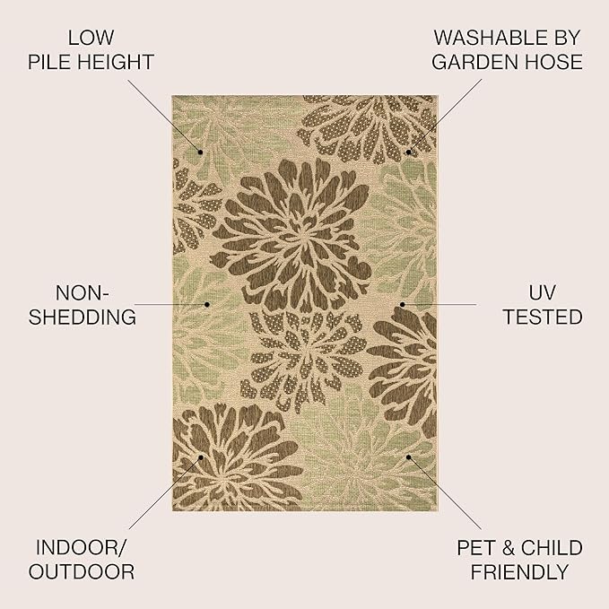 JONATHAN Y Floral Textured Weave Indoor Outdoor Area Rug 6X9 Sage/Brown, Zinnia Modern for Backyard, Patio, Porch, Easy-Cleaning, High Traffic, Pet-Friendly, Non-Shedding (SMB110A-6)
