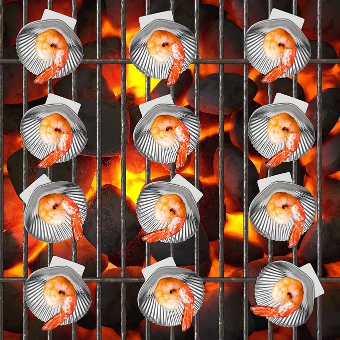 Outset Grillable Shells, All Purpose Grillable Stainless Steel Sea Shells, Set of 12