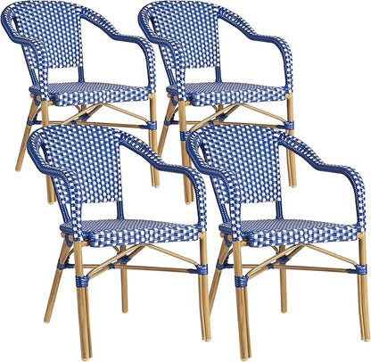 PURPLE LEAF Outdoor Dining Chair Set of 4 Hand-Woven Aluminum Armchair for Garden Kitchen Backyard Porch Bamboo Print Finish Patio Chairs Deep Blue French Bistro Chairs