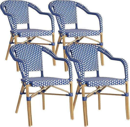 PURPLE LEAF Outdoor Dining Chair Set of 4 Hand-Woven Aluminum Armchair for Garden Kitchen Backyard Porch Bamboo Print Finish Patio Chairs Deep Blue French Bistro Chairs