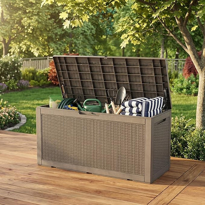 100 Gallon Deck Box, Waterproof Resin Rattan Outdoor Storage Box Lockable for Patio, Fade Resistant Outdoor Side Table & Organizer for Garden Tools, Pool Floats, Outdoor Cushions, Light Coffee