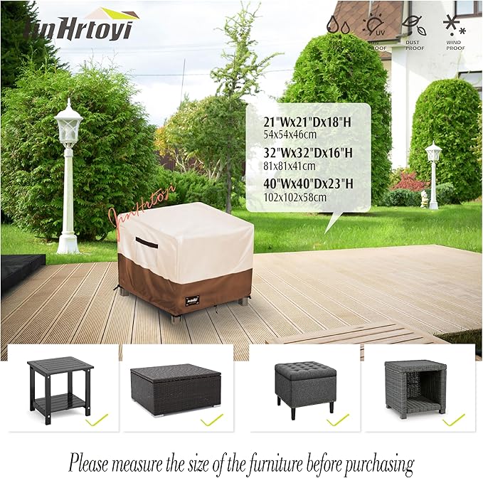 Patio Ottoman Cover Waterproof Square Outdoor Ottoman Covers, 22W x 22D x 18H Inches Patio Furniture Covering Protector Outdoor Side Table Cover, Beige&Brown