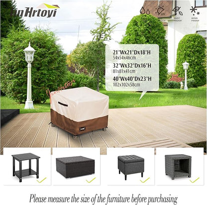 Patio Ottoman Cover Waterproof Square Outdoor Ottoman Covers, 22W x 22D x 18H Inches Patio Furniture Covering Protector Outdoor Side Table Cover, Beige&Brown