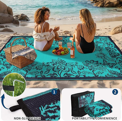 Garvee 5’x8’ Waterproof Patio Outdoor Rug, Outdoor Plastic Straw Rug for Camping, RV Mat Outside, Indoor Outdoor Carpet for Porch, Deck, Backyard, Balcony, Picnic, Dark Blue & Teal