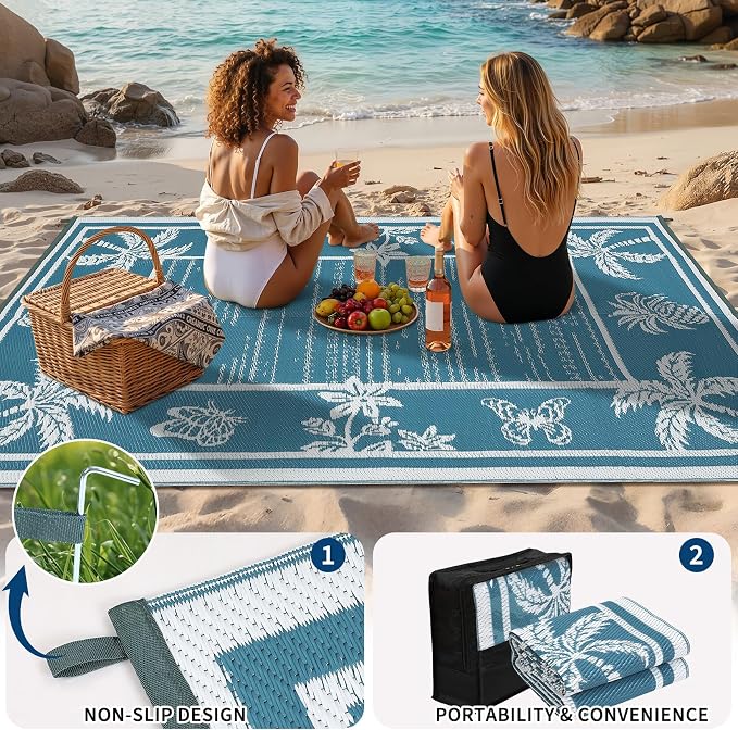 Garvee Outdoor Rug 9x12 Waterproof for Patios, Reversible Plastic Straw Rug, Tropical Leaf Indoor Outdoor Rugs, Large Area Rug for RV, Camping, Deck, Picnic Mat, Outside Carpet