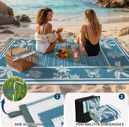 Garvee Outdoor Rug 9x12 Waterproof for Patios, Reversible Plastic Straw Rug, Tropical Leaf Indoor Outdoor Rugs, Large Area Rug for RV, Camping, Deck, Picnic Mat, Outside Carpet