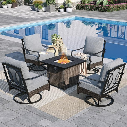 Sophia & William Patio Furniture Set with Fire Pit Table, 5 PCS Metal Outdoor Conversation Set Sofa Couch with Fire Pit Table, 4 Swivel Chairs for Outdoor Seating, Backyard, Porch(Grey)