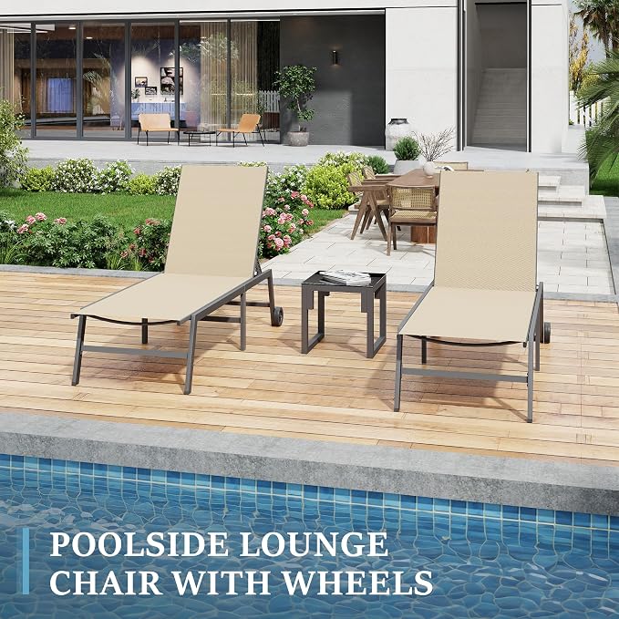 UDPATIO Patio Lounge Chair Outdoor Poolside Chaise Lounges with Wheels