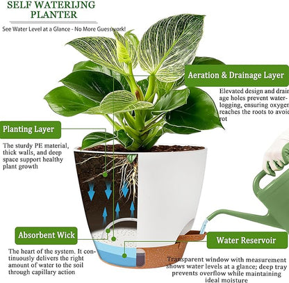 Self Watering Pots for Inoor Ourdoor Plants 10/9/8/7/6.5 Inch Plastic Planters with Drainage Holes & Water Level Indicator, Decorative House Flower Nursery Planting Pots with Saucers (White)