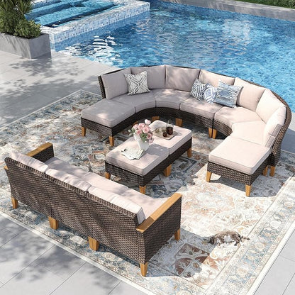 PHI VILLA 10-Piece Wicker Patio Furniture Set, Outdoor Half-Moon Curved Sectional Sofa with 4 Ottomans, 2 One Armrest Seats, 1 Armless Sofa, Large Conversation Seating for Garden or Backyard,Beige