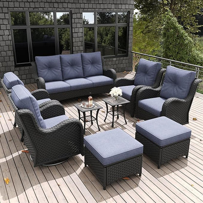 LayinSun 9-Piece Outdoor Patio Furniture Set - Rattan Wicker Sectional Swivel Rocker Chairs with Ottomans, Single Chairs and Coffee Table