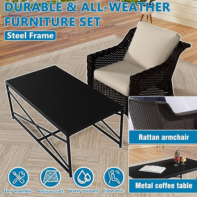 Vista Vibe 5 Pieces Outdoor Rattan Patio Conversation Furniture Set - 4 Wicker Chairs | Steel Coffee Table, Premium & Washable Cushions, Living Room, Poolside (Brown/Beige)