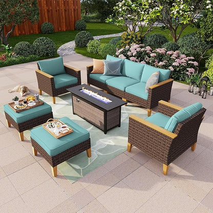 PHI VILLA 8-Piece Outdoor Sectional Patio Conversation Set with 56" Gas Fire Pit Table, Outdoor Rattan Furniture Patio Set for 7 Seats with Cushions, Blue