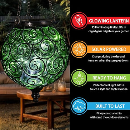 Solar Hanging Lantern Outdoor Garden Lights, Round Glass and Metal Hanging Lantern, 15 Firefly LED Lights, 7 x 20 Inch (Green)