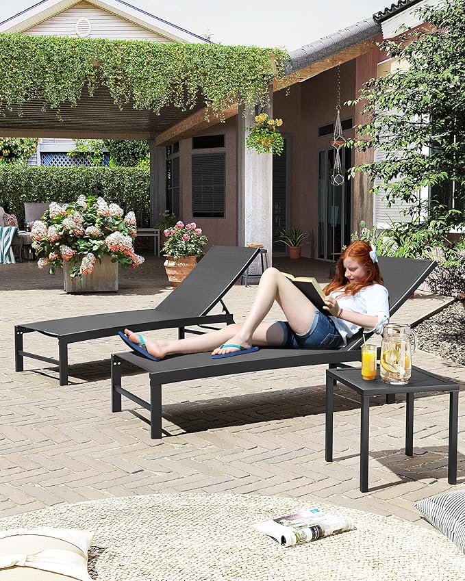 Crestlive Products 2PCS Chaise Lounge Chairs Outdoor with 1PC Side Table, Aluminum Patio Lounge Set, Adjustable Five-Position Recliner for Beach, Pool, Sunbathing, Lawn, Yard