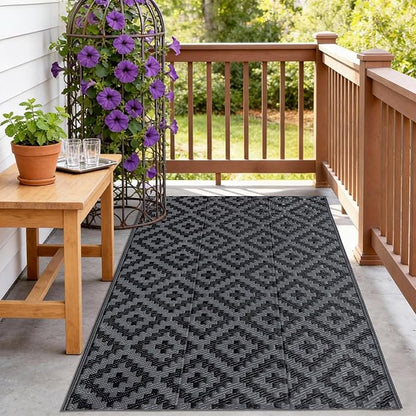 SAND MINE Waterproof Outdoor Rug, Plastic Reversible Rug, Modern Area Rug, Large Floor Mat for Outdoors, RV, Patio, Backyard, Deck, Picnic, Beach, Camping (3' x 5', Black Grey Lattice)