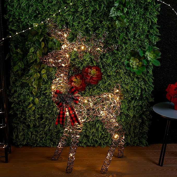 Alpine Corporation 49" Rattan Standing Reindeer Statues with Ribbon and LED Lights, Christmas Decor