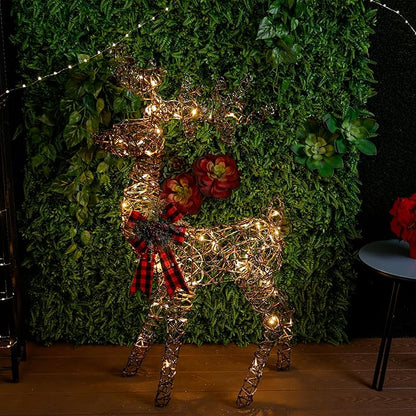 Alpine Corporation 49" Rattan Standing Reindeer Statues with Ribbon and LED Lights, Christmas Decor