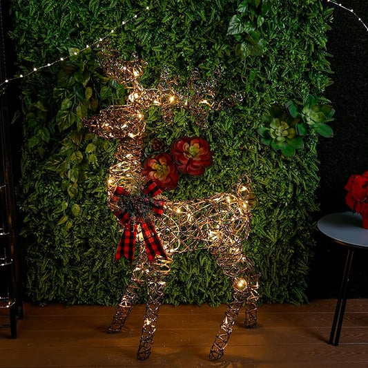 Alpine Corporation 49" Rattan Standing Reindeer Statues with Ribbon and LED Lights, Christmas Decor