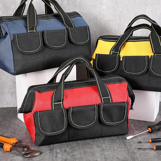 Sanwuta 3 Pack Tool Bag for Men with Waterproof Hard Bottom, Heavy Duty Tool Bag Wide Mouth Tote for Various Instrument, Electrician Carpenter Mechanic(Red,16 Inch,Classic)
