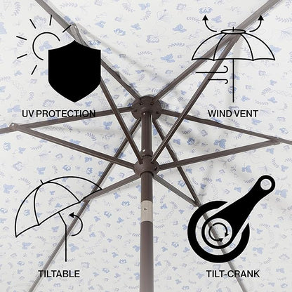 JONATHAN Y UMB1001 Collins 9 ft. Classic Cottage Tassel Market Patio Umbrella with Auto-Tilt, Crank, Wind Vent and UV Protection