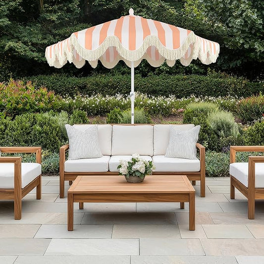JONATHAN Y UMB1001 Collins 9 ft. Classic Cottage Tassel Market Patio Umbrella with Auto-Tilt, Crank, Wind Vent and UV Protection