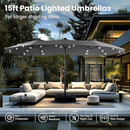 PHI VILLA 15ft Large Patio Umbrella with Solar Lights, Double-Sided Outdoor Market Rectangle Umbrellas with 36 LED Lights, Umbrella Base (Stand) Included, Light Grey
