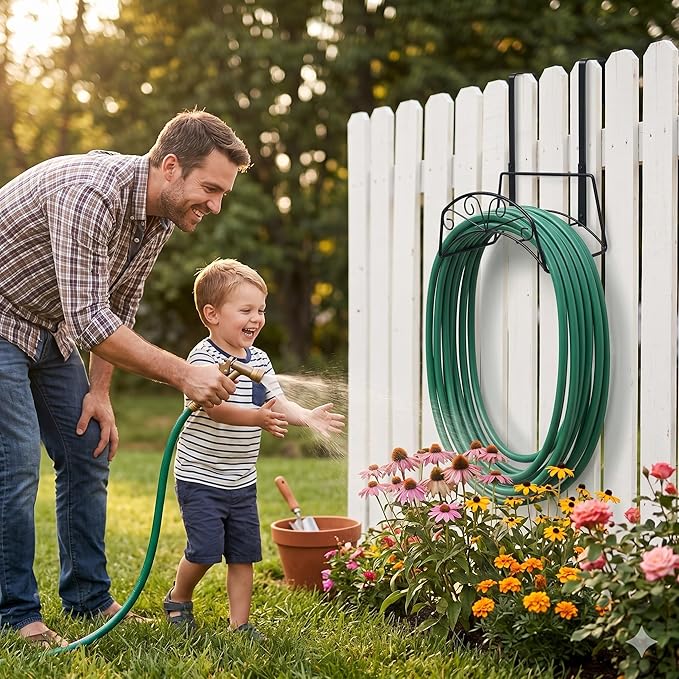 Garden Hose Holder for Outside Yard Hang Over The Door and Fence, Holds Up to 150Ft (2PCS Black)