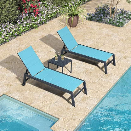 PURPLE LEAF Outdoor Chaise Lounge Set of 4 Aluminum Patio Lounge Chair with Wheels and Side Table Pool Chaise Lounge Chair for Outdoor Backyard Poolside Turquoise Blue (4 Lounges Chairs W/Table)