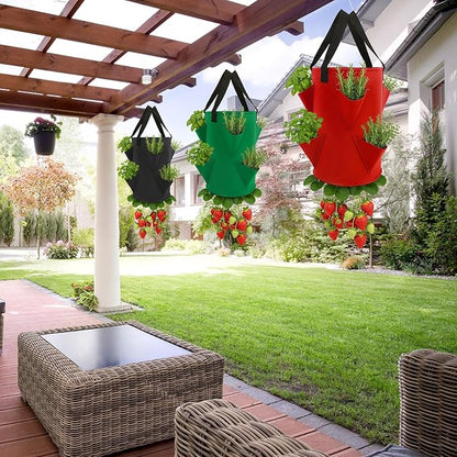 Augshy 3 Pack Upside Down Strawberry Planter Bags, 3 Gallon Hanging Grow Bags 6 Pockets with 3 Hooks Tomato Planter Topsy Turvy Planter for Strawberry Tomato Herb Vegetables House Garden