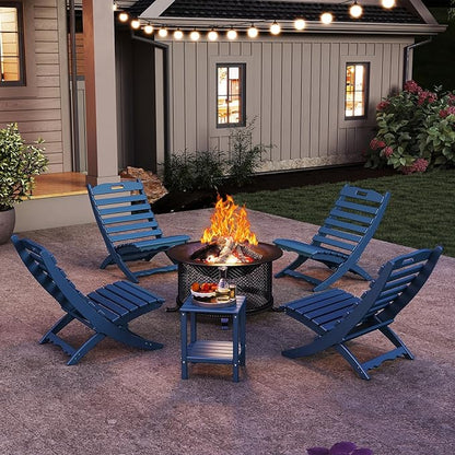 GREENVINES 3 Pieces Patio Furniture Set | Outdoor Bistro Sets for 2 | HDPE Plastic | Folding-Adirondack-Chairs-with-Side-Table | All Weather | Xavier Chair | for Porch Deck Poolside Backyard | Blue