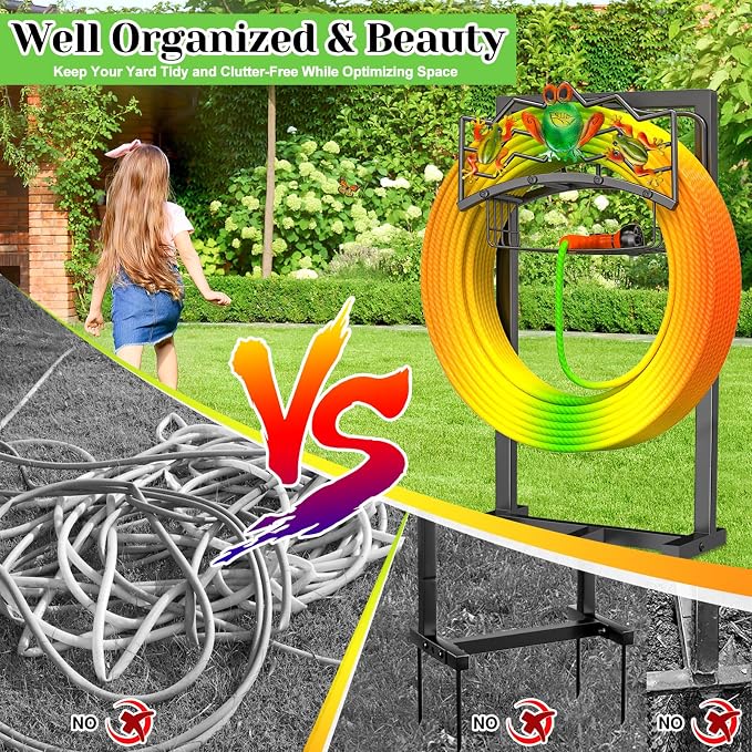 Garden Water Hose Holder with 5 Spikes, Upgraded Freestanding Heavy Duty Hose Hanger Holds 150-feet Hose, Sturdy Hose Stand Storage Rack for Outside Yard Lawn (Black - Frog)
