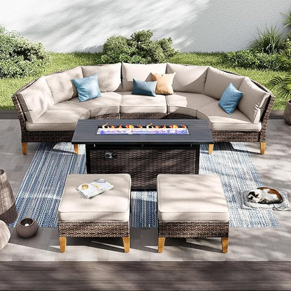PHI VILLA 6-Piece Wicker Patio Furniture Set with Fire Pit Table, Outdoor Half-Moon Curved Sectional Sofa with Cushions, 56” Gas Fire Pit Table and Ottomans, Beige