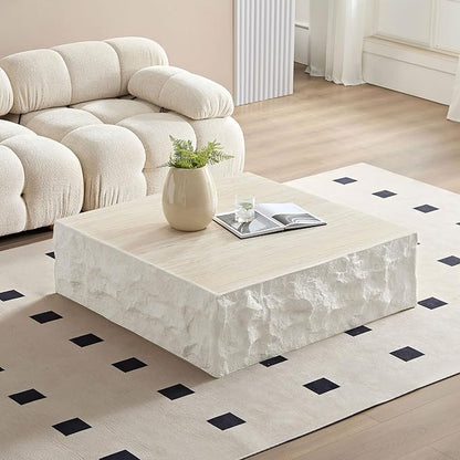 kevinplus ø35.43'' Square Coffee Table for Living Room, Modern Drum Circle Stone Coffee Table, Fiberglass Material, No Assembly, Beige