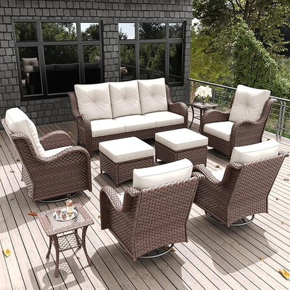 LayinSun 9 Pieces Outdoor Patio Furniture Set, Rattan Wicker Sectional Swivel Rocker Chairs Sets with Ottomans, Swivel Glider Chairs and Coffee Table