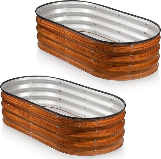 Plant & Plot Galvanized Raised Garden Beds Outdoor // 4×2×1 ft (2-Pack) Planter Raised Beds for Gardening, Vegetables, Flowers (Dark Wood Grain) // Large Metal Garden Box
