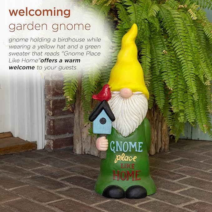 Alpine Corporation 24" Tall Outdoor Yellow Hat Place Like Home Gnome Statue Holding Bird House, Weatherproof Garden Decor