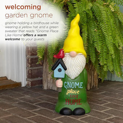 Alpine Corporation 24" Tall Outdoor Yellow Hat Place Like Home Gnome Statue Holding Bird House, Weatherproof Garden Decor