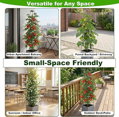 Tomato Planter with Trellis 57" - Self Watering Raised Garden Bed for Climbing Plants, Wind-Resistant Solid Base Box with Cage, Vertical Gardening Pot for Indoor Outdoor Patio Balcony, Grey