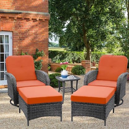 5 Piece Outdoor Patio Furniture Set,Wicker Patio Conversation Set with Swivel Glider Chairs,Wicker Rocking Swivel Chairs Set with Ottomans/Side Coffee Table for Backyard,Deck,Balcony,Red