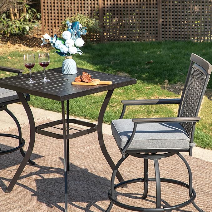 MFSTUDIO 3-Piece Outdoor Bar Set with 2 Swivel Wicker Rattan Bar Chairs and 1 Metal Table, Outdoor Patio Counter Height Table and Chairs