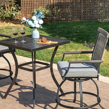 MFSTUDIO 3-Piece Outdoor Bar Set with 2 Swivel Wicker Rattan Bar Chairs and 1 Metal Table, Outdoor Patio Counter Height Table and Chairs