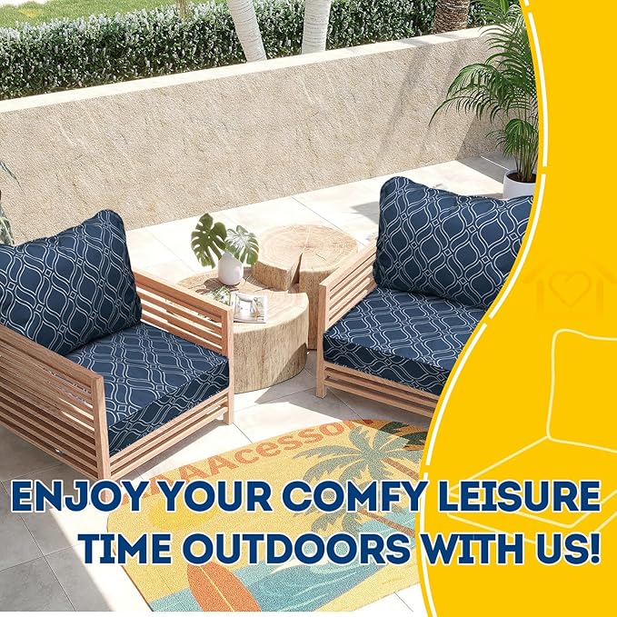 AAAAAcessories Outdoor Seat Cushions for Chairs, Fade-Resistant, Waterproof Patio Furniture Replacement Cushions, 25.5" x 25.5" x 5" + 25.5" x 19", Slate Blue Vine Trellis